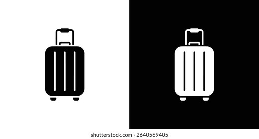 This image displays a split design a black suitcase icon on a white background, mirrored by a white suitcase icon against a black background. Two distinct minimalist travel icons.