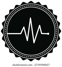 This image displays a stark black and white badge design. It prominently features a heartbeat waveform inside, enclosed by a circular frame with a decorative starburst edge, conveying medical themes.