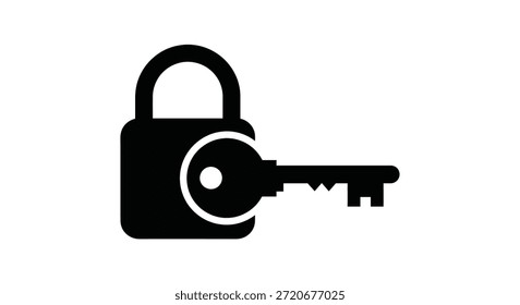 This image displays a stark black padlock and key combination, presented in a distinct silhouette style.