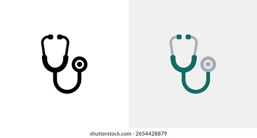 Esta imagem mostra um conjunto de ícones de estetoscópio, com uma versão de contorno preto em um plano de fundo branco e uma versão de cor azul-azulada e cinza em um plano de fundo branco.