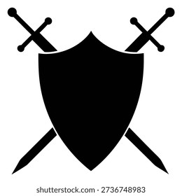 This image displays a stylized black shield with a classic design, crossed by two swords, evoking themes of security, defense, medieval times, and heraldry in bold silhouette.