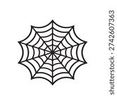 This image displays a stylized, black-and-white illustration of a spider web. The design features thick black lines forming a symmetrical pattern with radial spokes originating from a central point and concentric strands connecting them. The web is presented against a plain white background, creating a minimalist graphic or icon of a classic orb-weaver web.