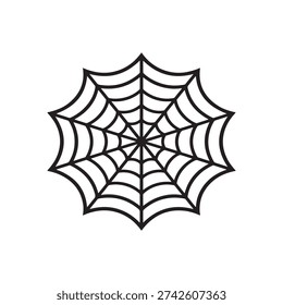 This image displays a stylized, black-and-white illustration of a spider web. The design features thick black lines forming a symmetrical pattern with radial spokes originating from a central point and concentric strands connecting them. The web is presented against a plain white background, creating a minimalist graphic or icon of a classic orb-weaver web.