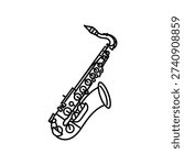This image displays a stylized, monochromatic saxophone oriented diagonally from bottom-left to top-right. The saxophone features detailed keys and a curved neck, typical of a tenor saxophone design. The illustration is in a simple line-art style, emphasizing the instrument