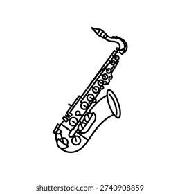 This image displays a stylized, monochromatic saxophone oriented diagonally from bottom-left to top-right. The saxophone features detailed keys and a curved neck, typical of a tenor saxophone design. The illustration is in a simple line-art style, emphasizing the instrument's shape and key positions.