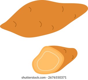 Esta Imagen muestra ilustraciones de batata, una sección entera y una sección transversal. Perfecto para activos visuales de diseño, materiales educativos o recetas.