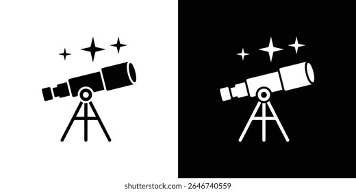 Esta imagem mostra um ícone do telescópio com um tripé abaixo de um aglomerado de três estrelas, representado em um fundo branco e preto.