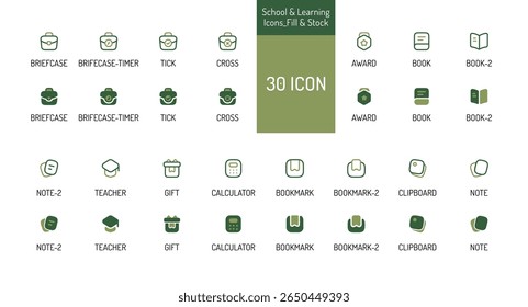 This image displays thirty icons related to school and learning.  The icons are presented in a grid format, with two rows of fifteen icons each.  The color palette is limited to shades of green.