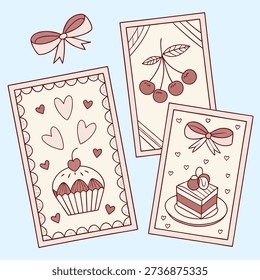 This image displays three delicately illustrated cards featuring pastel pink desserts like cupcakes, cherries, and cakes, embellished with bows and hearts, creating a sweet aesthetic. high-quality professional