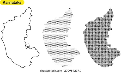 This image displays three distinct graphical styles illustrating the geographical boundary and shape of Karnataka, an Indian state, suitable for cartographic or design use.