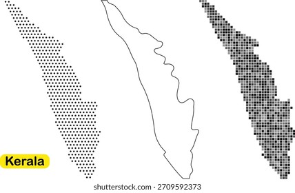 Esta imagem mostra três representações gráficas distintas do contorno geográfico de Kerala, Índia: um padrão pontilhado, um simples desenho de linha e uma variante de mapa de grade pixelada.