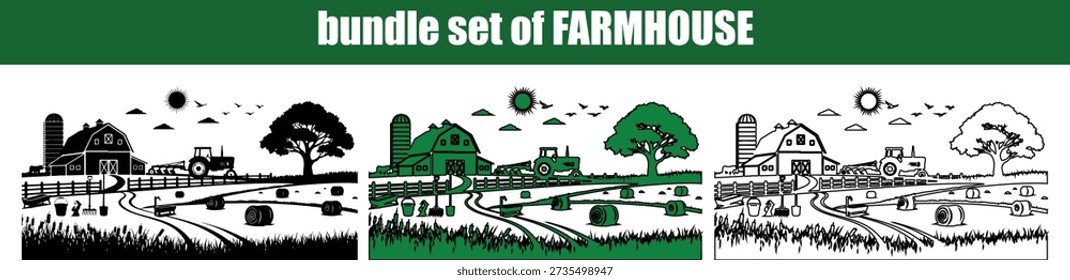 Cada cena inclui um celeiro, um trator, um silo, uma cerca, árvores, fardos de feno e ferramentas agrícolas colocadas contra um pano de fundo de sol e pássaros que ilustram a vida rural