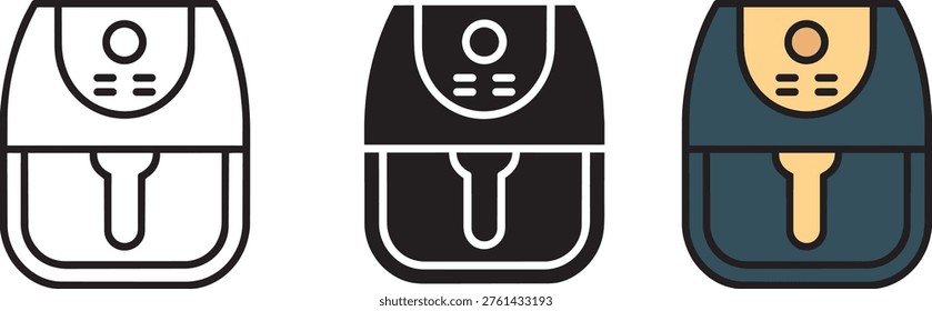 This image displays three distinct icon styles of a compact kitchen appliance, resembling a portable air fryer or cooker, shown in outline, solid black, and a.