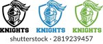 This image displays three identical knight helmet logos arranged horizontally in black blue and green colors each featuring a shield background and the word Knights written underneath.