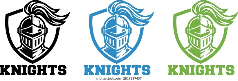 This image displays three identical knight helmet logos arranged horizontally in black blue and green colors each featuring a shield background and the word Knights written underneath.