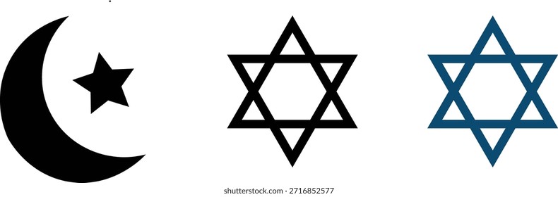 Esta imagem mostra três símbolos religiosos isolados sobre um fundo branco plano. No lado esquerdo, a icônica lua crescente e o símbolo da estrela representam o Islã. À sua direita, duas representações da Estrela de Davi estão presentes, ambas significando judaísmo. A primeira Estrela de Davi é apresentada em um contorno preto, enquanto a segunda está em um contorno azul, uma cor frequentemente associada à bandeira israelense. A simples apresentação vetorial destes símbolos destaca um tema de representação religiosa e diversidade.