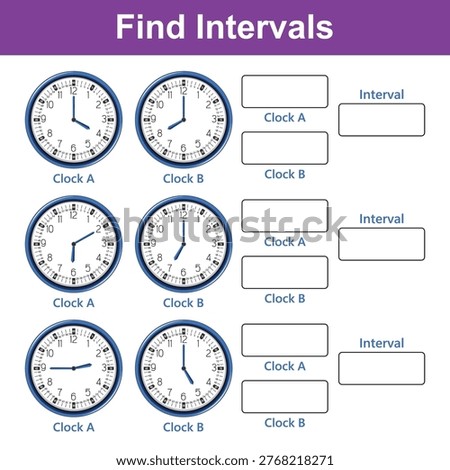 This image displays three sets of analog clocks, each labeled clock a and clock b, with blank fields for recording intervals. it is designed for educational purposes related to time measurement.