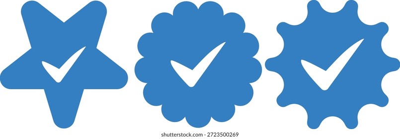 Esta Imagen muestra tres insignias de verificación azul vibrante, cada una con una marca de verificación blanca prominente dentro de sus Formas únicas. Las insignias tienen un estilo de silueta atrevido y limpio, que transmite confiabilidad y Estado oficial. profesional de alta calidad profesional detallado moderno elegante nítido colorido digital