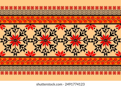 
This image displays a traditional pixel art fabric pattern. The design features bold geometric motifs in red, black, and orange on a beige background. The central pattern consists of star-like shape