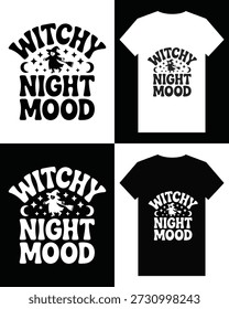 Esta imagem exibe uma maquete de design de camiseta em branco e preto, apresentando um gráfico caprichoso de "humor noturno bruxinho" com um gato.