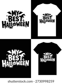 This image displays a t-shirt mockup in both black and white, featuring a halloween-themed graphic with bats and a pumpkin. high-quality