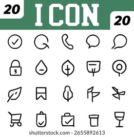 Esta imagem mostra vinte ícones distintos desenhados à mão em preto sobre um fundo branco, apresentados em um arranjo organizado e limpo.