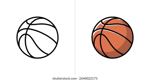 This image displays two cartoon basketballs side-by-side, one in black outline, the other fully colored in orange, illustrating design possibilities. Perfect for sports-related content.