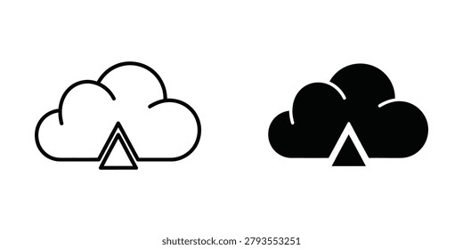 This image displays two cloud icons side by side. The cloud on the left is outlined with a network connection symbol inside, while the cloud on the right is filled in black with the same network connection symbol. The contrast highlights the difference between outline and filled styles for cloud storage icons, often used in user interfaces to represent data storage and connectivity.