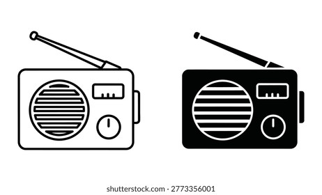 This image displays two different vintage-style portable radios side by side. The radio on the left is depicted in a light, almost white outline with a simple and clean design, featuring a speaker grille, tuning dial, and antenna. The radio on the right is shown in black and white, with a more detailed and textured appearance, also including a speaker grille, tuning knob, and antenna. Both designs evoke a nostalgic feel reminiscent of mid-20th-century technology.