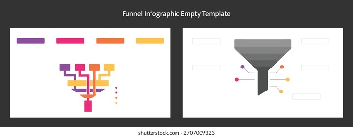 This image displays two distinct funnel diagram templates for presentations. One presents a colorful step-down process, while the other features a gray funnel with connection points