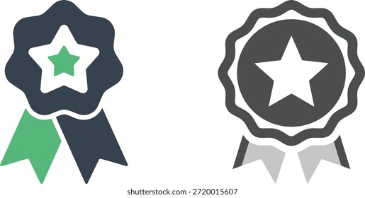 Esta Imagen muestra dos distintivos iconos de la cinta de premios, cada uno con una estrella en su centro. El ícono de la izquierda tiene una forma de múltiples puntas con un contorno azul oscuro y una estrella blanca, que a su vez encierra una Pequeña estrella verde. También tiene dos cintas que cuelgan de la parte inferior, una verde y otra azul oscuro. El icono de la derecha es circular con un borde dentado, un contorno gris oscuro y una estrella blanca en su interior. También cuenta con dos cintas de color gris claro en la parte inferior. Ambos iconos se representan en un estilo plano y minimalista sobre un fondo blanco.