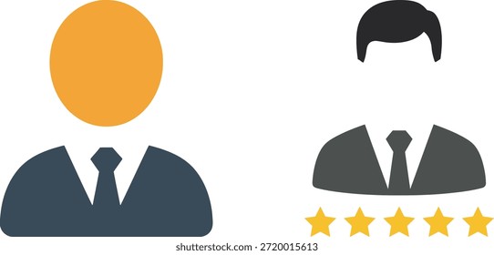 Esta Imagen muestra dos íconos distintos que representan a los individuos en un contexto profesional. El ícono de la izquierda presenta a una persona estilizada con una cabeza circular naranja, un traje azul oscuro y una camisa blanca con corbata. El ícono de la derecha representa una figura profesional similar, representada en escala de grises, con cabello negro, un traje gris oscuro y una camisa blanca con corbata. Debajo de esta figura hay cinco estrellas amarillas, dispuestas en fila, que significan un sistema de calificación o revisión. La estética general es limpia y minimalista, adecuada para interfaces digitales, presentaciones o gráficos relacionados con negocios.