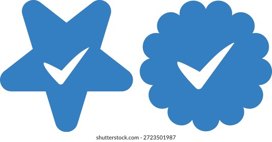 Dieses Bild zeigt zwei verschiedene blaue Symbole, einen Stern und eine Blume, die jeweils ein markantes weißes Häkchen aufweisen. Diese Symbole sind in einem sauberen, flachen Stil gerendert, mit einem eindrucksvollen Silhouetteneffekt, der ihre Formen betont. hochwertige professionelle detaillierte moderne