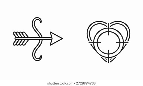 Esta imagem exibe dois símbolos distintos, mas relacionados: uma seta estilizada sobreposta sobre um arco e uma forma de coração que também é representada como um alvo. A seta, com seu fletching e ponta de seta pontiaguda, é mostrada em perfil, sugerindo movimento ou intenção. É entrelaçado com as curvas elegantes de um arco, criando um visual dinâmico. À direita, um símbolo de coração é apresentado como um alvo, completo com círculos concêntricos e mira, implicando que o amor ou afeto é o objeto do objetivo ou desejo. A estética geral é minimalista, renderizada em contorno preto sobre um fundo branco, tornando-o adequado para várias aplicações de design.