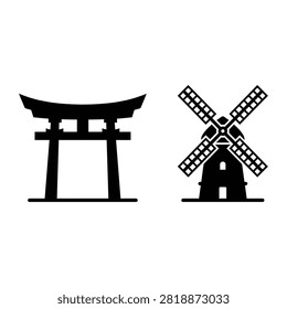 This image displays two distinct black silhouettes on a white background, representing a traditional Japanese torii gate on the left and a classic European windmill structure on the right.