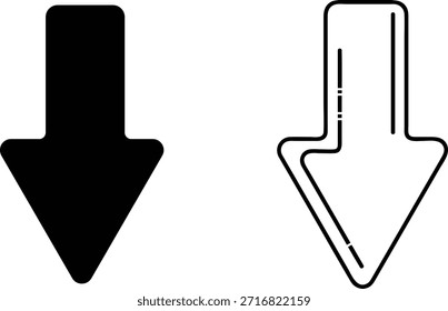 This image displays two downward-pointing arrow icons set against a white background. The arrow on the left is a solid black shape. The arrow on the right is an outline, with dashed lines indicating its form. Both arrows are pointing directly downwards.