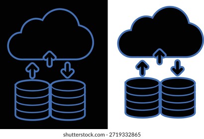 Esta imagem exibe duas variações gráficas que representam a sincronização de dados entre bancos de dados locais e um ambiente de computação em nuvem. Os elementos centrais incluem um ícone de nuvem, simbolizando o armazenamento em nuvem, e dois ícones semelhantes a pilha, representando bancos de dados. 
