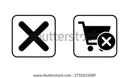 This image displays two icons. The first icon is a large black 'X' or cross symbol within a rounded square outline. The second icon features a black silhouette of a shopping cart, also within a rounded square outline. Adjacent to the shopping cart, on the right side, is a smaller black circle containing a white 'X' or cross symbol, signifying a cancellation or removal action associated with the shopping cart.