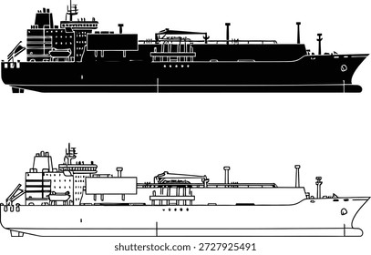 This image displays two illustrations of an LNG carrier ship, one in black silhouette and the other as a line art drawing, both presenting a side view.