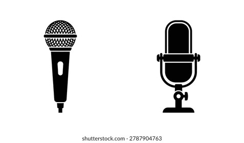 This image displays two microphones in a black silhouette style against a white background. One is a modern handheld microphone, and the other is a vintage-style microphone with a stand, both presented as flat graphics.