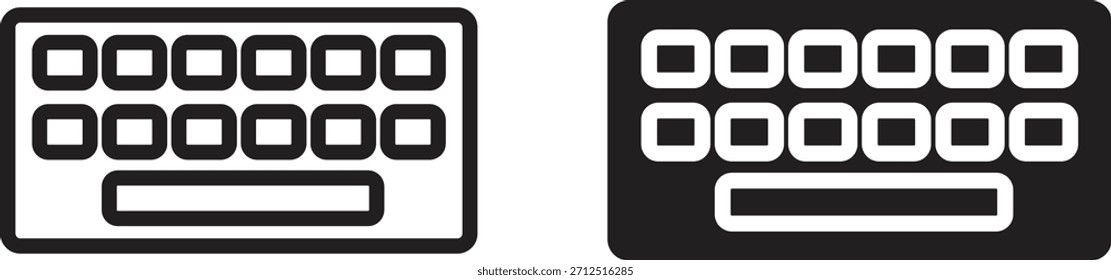 Esta imagem mostra dois ícones minimalistas do teclado lado a lado. Um ícone é preto com teclas brancas e o outro é branco com teclas pretas, representando dispositivos de entrada para tecnologia e comunicação.