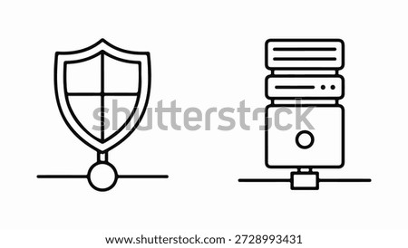 This image displays two minimalist line icons on a white background. On the left is a shield icon, representing security or protection, connected to a network line. On the right is an icon of a server tower, also connected to a network line. Both icons are simple black outlines, suggesting concepts of network security and server infrastructure.