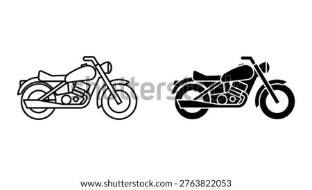 This image displays two motorcycle silhouettes side by side, one rendered in a light line drawing and the other in a solid black fill. Both motorcycles have a classic cruiser design, featuring prominent features such as handlebars, seats, engines, and wheels. The minimalist style emphasizes the shape and structure of the motorcycles against a plain background, highlighting the contrast between the two styles of illustration.