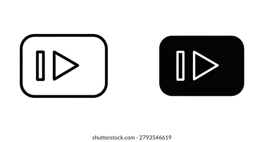 This image displays two play button icons with a pause symbol followed by a right-pointing triangle. The left icon is set against a light background with a white fill, while the right icon is on a dark background with a white outline and fill. Both icons are enclosed in rounded rectangular borders.