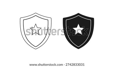 This image displays two shield icons, one in outline and one solid black, each adorned with a central star in a bold silhouette style.