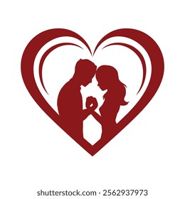 This image displays two silhouettes of a man and a woman holding hands, positioned within a large red heart shape.