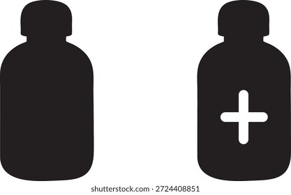 Esta Imagen muestra dos simples íconos de botellas médicas sobre un fondo blanco, con uno con un signo más prominente. El estilo distintivo de la silueta negra ofrece una estética limpia y minimalista, perfecta para diseños relacionados con la medicina.