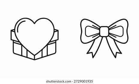 Esta Imagen muestra dos iconos de líneas simples. A la izquierda hay una caja de regalo abierta con una forma de corazón colocada prominentemente en la parte superior, que simboliza el amor y los regalos. A la derecha hay una forma clásica de pajarita, a menudo utilizada para la decoración o para atar regalos. Ambos iconos se representan en contorno negro sobre un fondo blanco, lo que los hace versátiles para diversas aplicaciones de diseño.