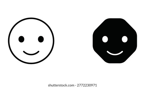 This image displays two simple emoticons with contrasting designs. The first emoticon features a circular head with a smiling face, representing a traditional happy expression. The second emoticon replaces the circular head with an octagonal shape, maintaining the same smiling facial features but altering the head shape for a distinct visual effect.