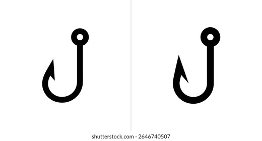 This image displays two stark, black fishing hooks against a clean white backdrop. The hooks feature prominent eyelets for line attachment, essential fishing tackle.